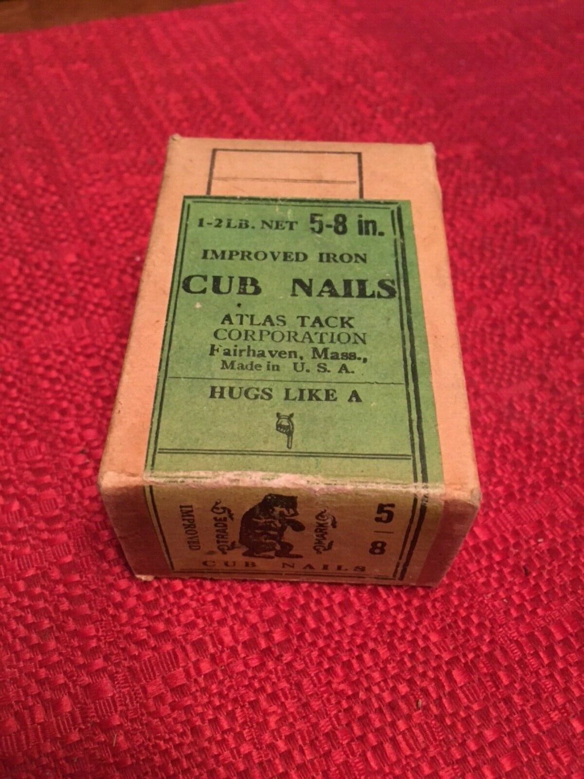 Antique Box Of Cobblers Cub Nails Atlas Tack Co Fairhaven Mass Orig Box Full 5/8
