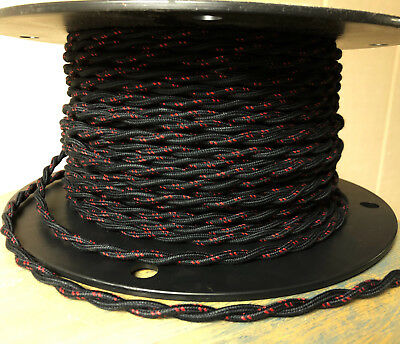 Cloth Covered Twisted Wire - Black W/ Red Tracer, Vintage Style Fabric Lamp Cord